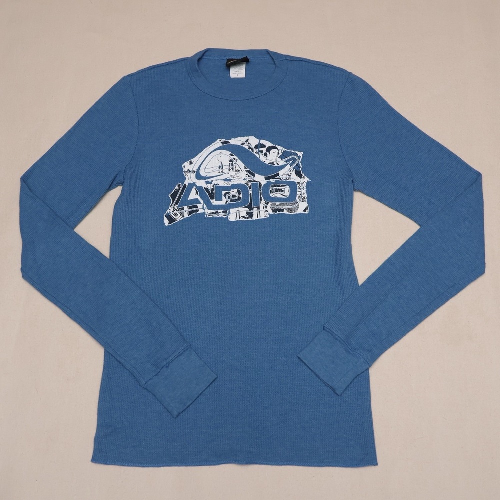 Y2K Adio Thermal Shirt Mens Small Blue Graphic Waffle Knit Skate Long Sleeve